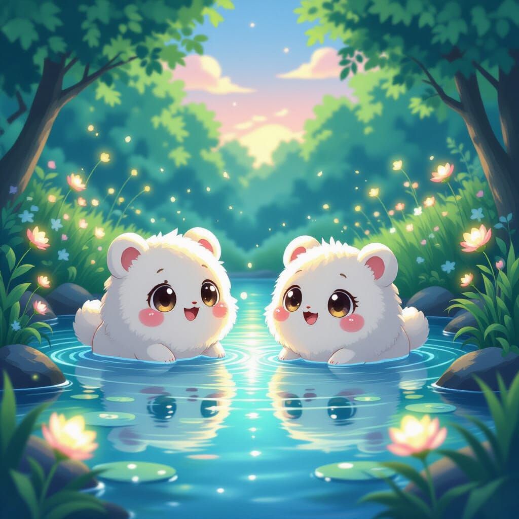 Ghibli Style Creatures Play in Magical Pond