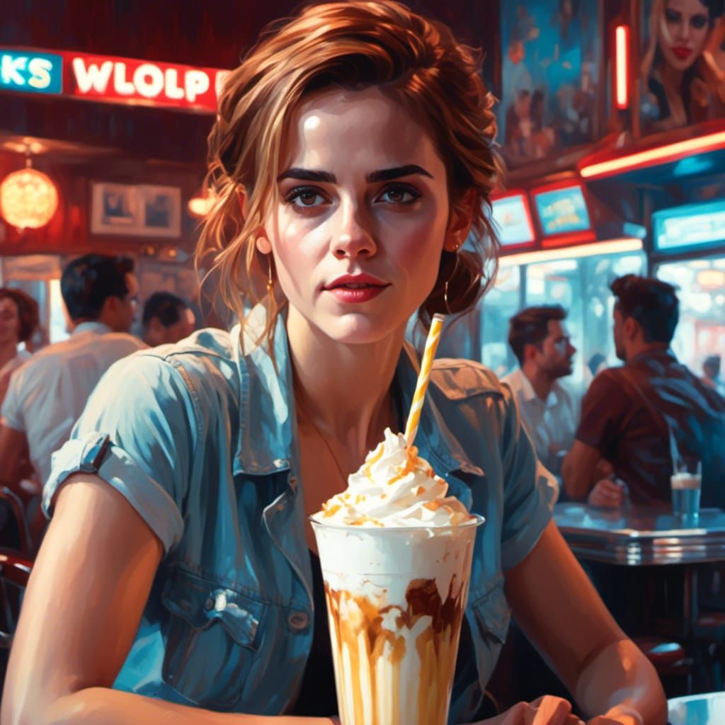 Emma Watson with a milkshake in a diner