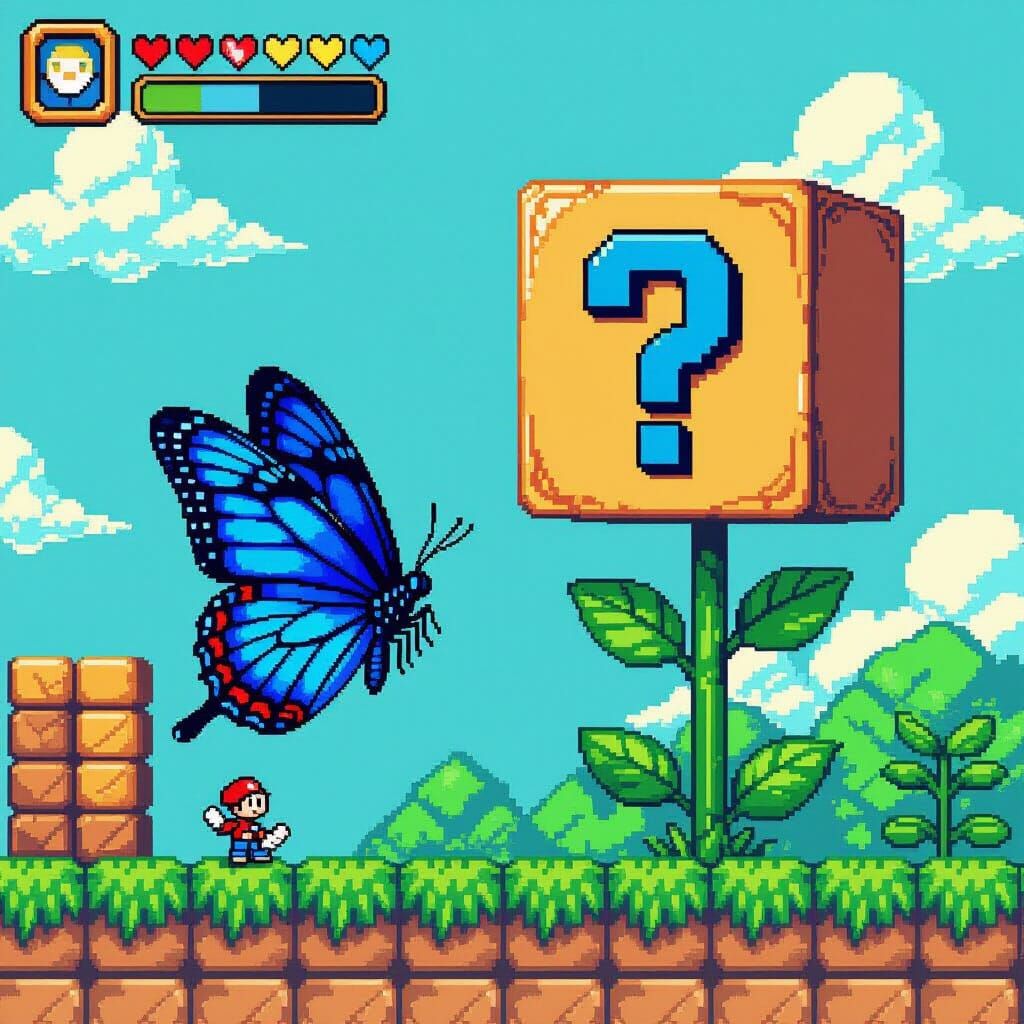 Blue Morpho Butterfly Pixel Art in Platformer Scene