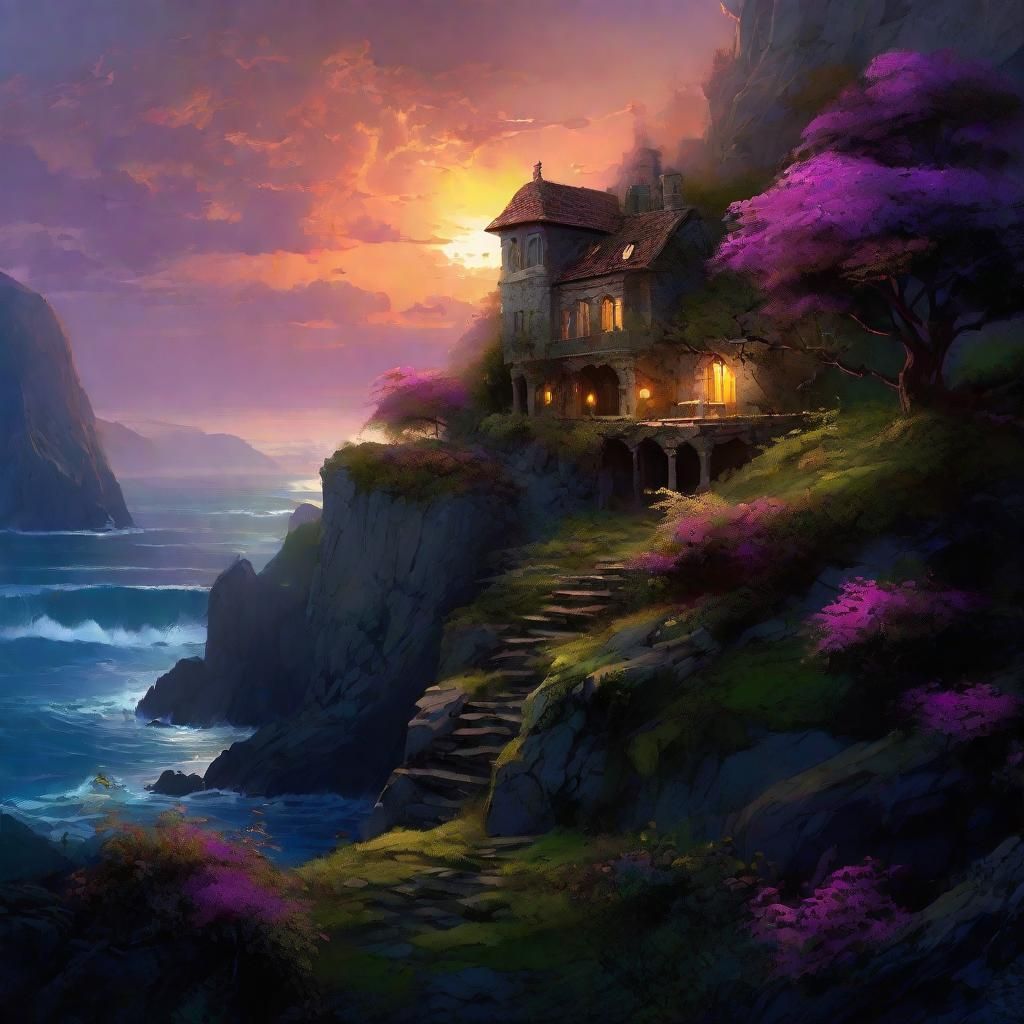 Stone House by the Sea at Dusk