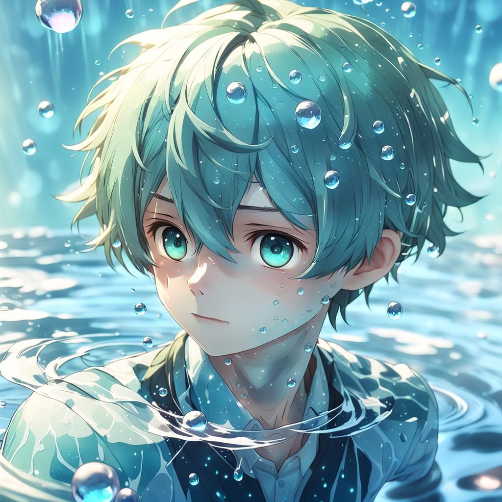 Anime Boy Covered in Glistening Water Droplets