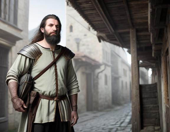 In the alleys of a medieval fantasy city, Man, male, beard a...