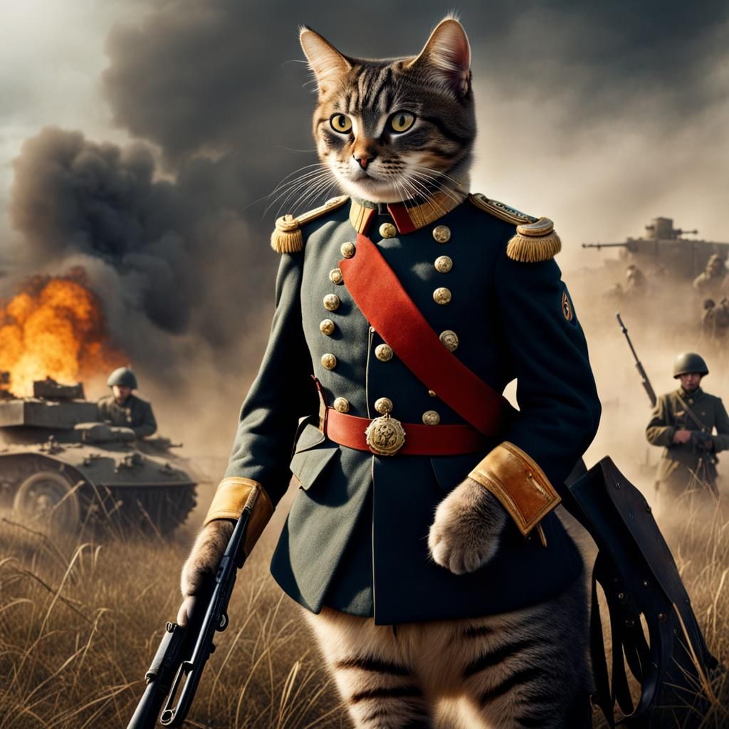 atarmamomorphic cat in a soldier's uniform on the battlefiel...