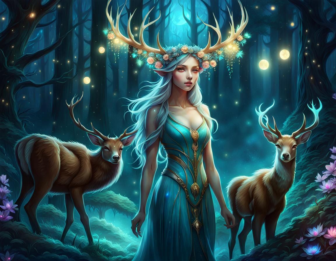 In a dark, enchanted forest, a young woman stands amidst ethereal lights  casting ghostly glows, with a sky of brooding clouds and shimmering - AI  Generated Artwork - NightCafe Creator