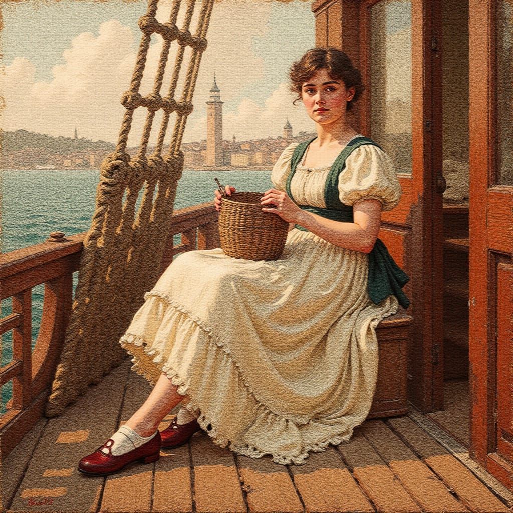 <lora:cedar:1.0> The captain's daughter on the deck of the ship. 19th century. Impressionism, by James Tissot