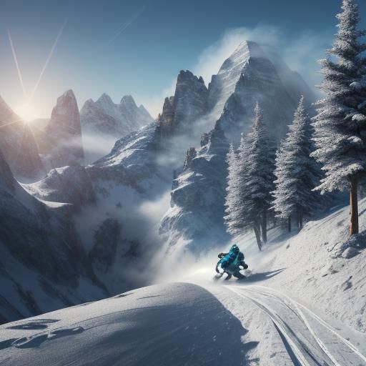 Snowboarder in Sunny Mountains, Vibrant Digital Art