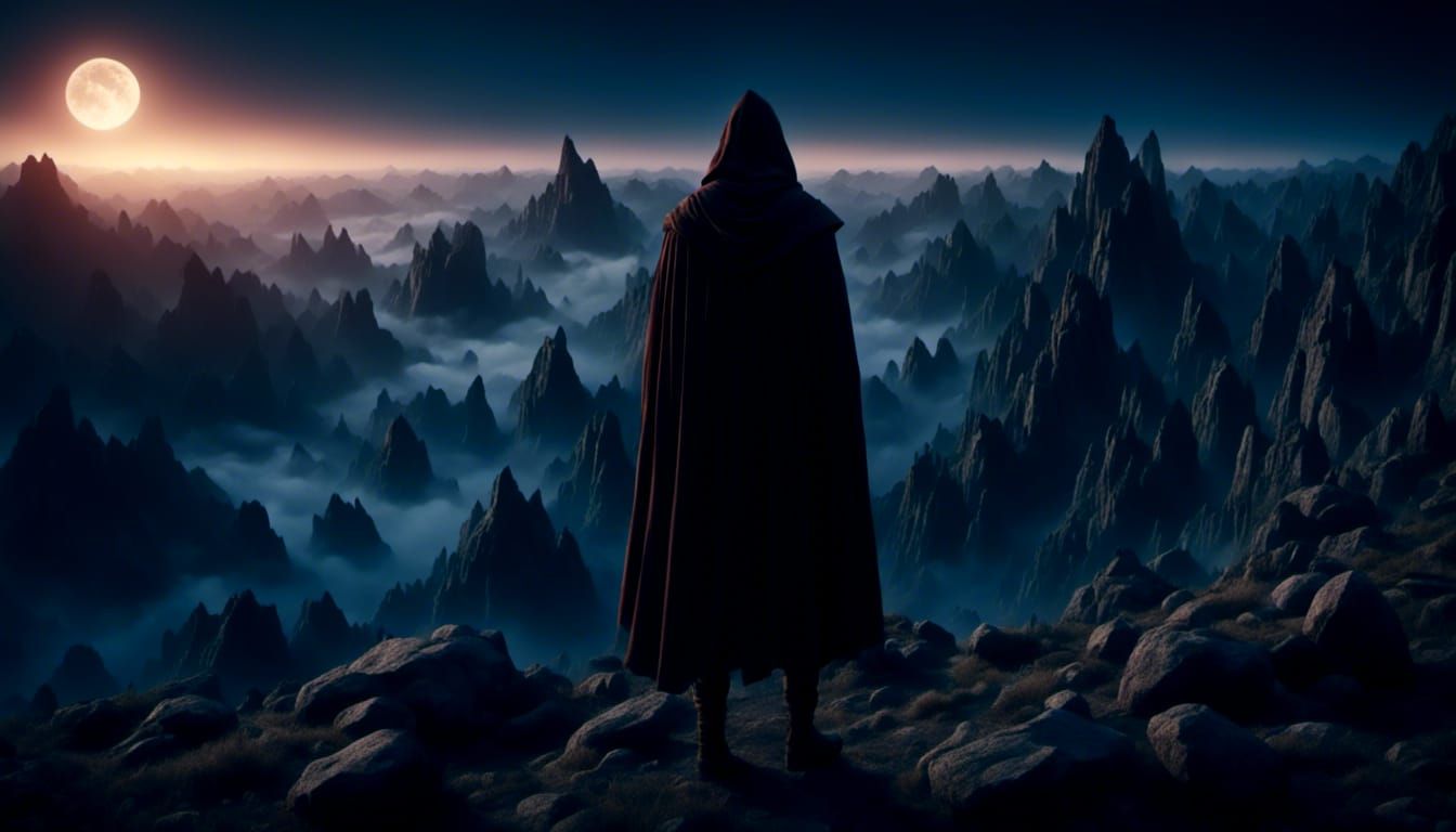 Hooded Figure at Lunar Eclipse on Cliff Edge
