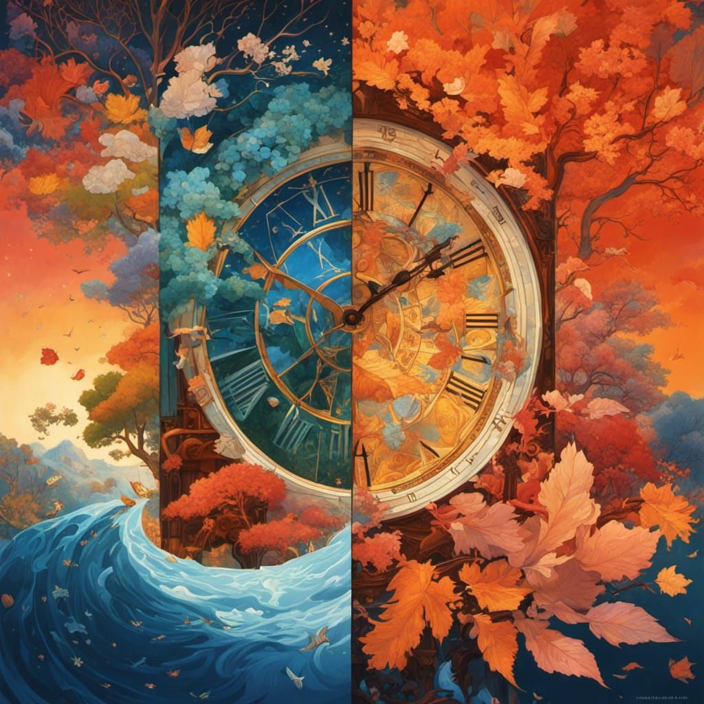 four seasons at the same time, spring, summer, autumn, winter, astronomical clock, four slices", hyperdetailed ... false
