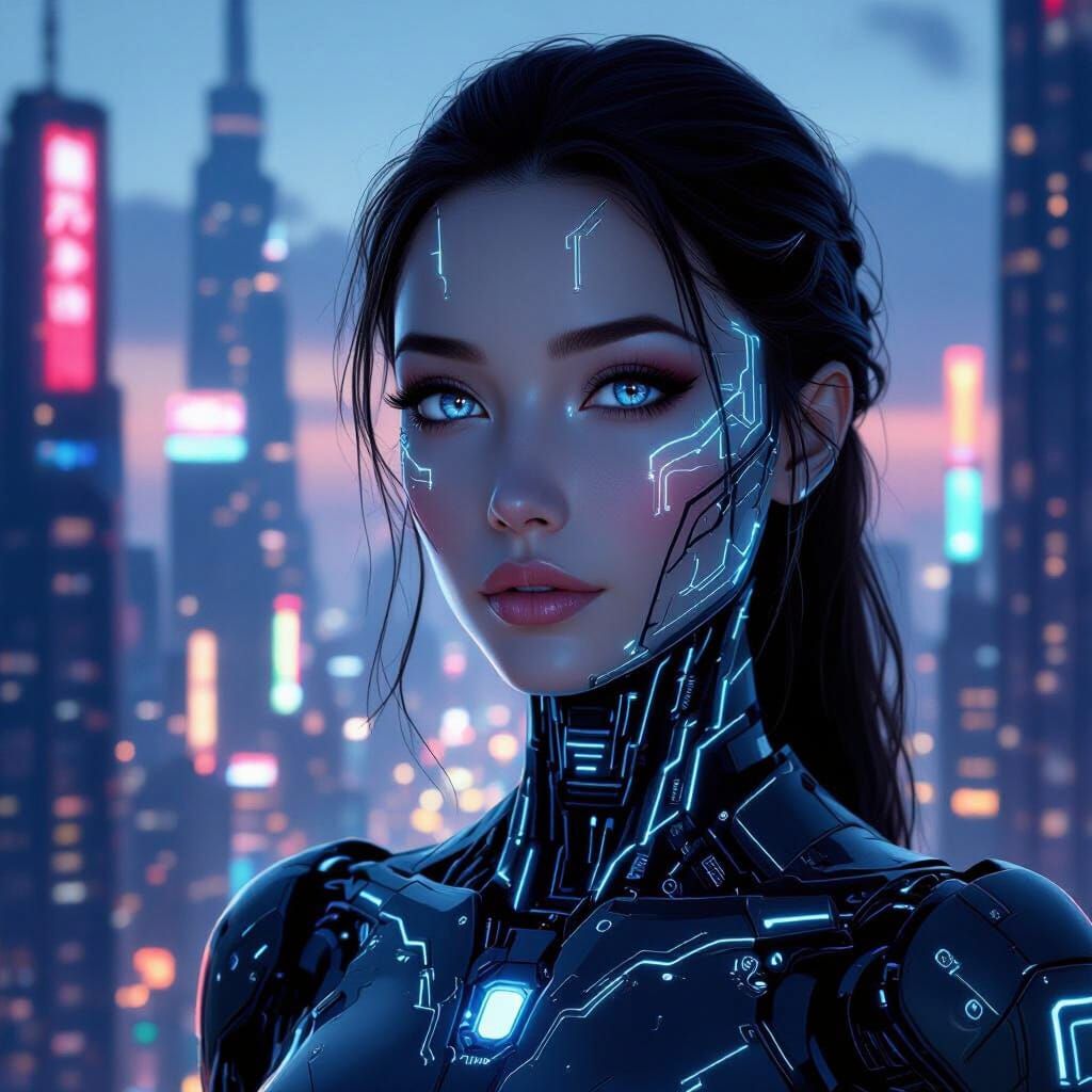 An android woman with porcelain skin and circuits that glow with soft,