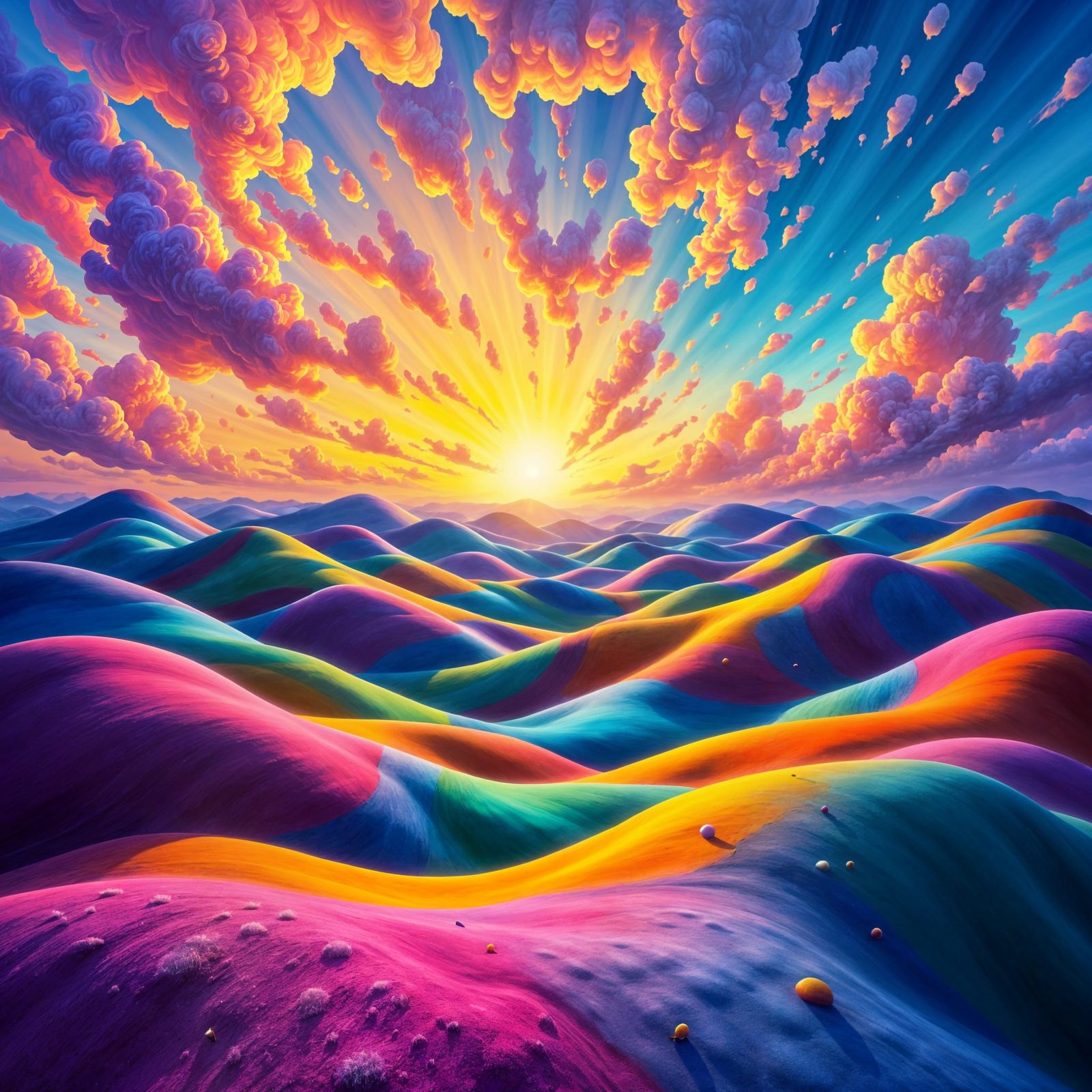 <lora:Surreal Landscapes:1.0>  Dreamlike, vibrant landscape with shimmering rainbow rolling hills, reminiscent of Don Macana's vibrant and f...