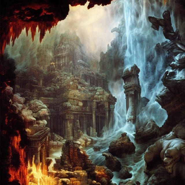 temple ruin on the edge of a waterfall