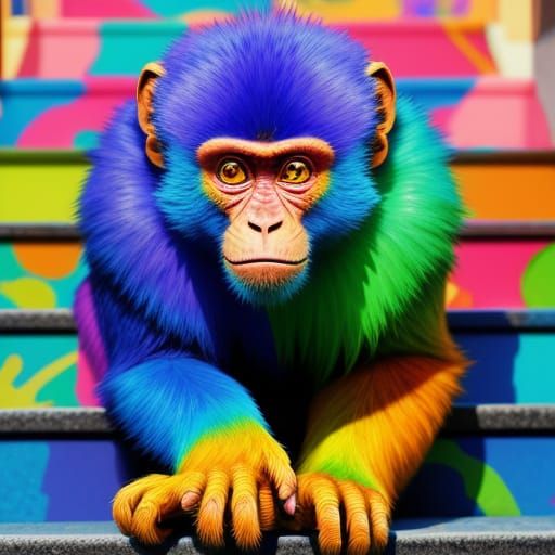 Cartoon Monkey Climbing Stairs in Digital Art
