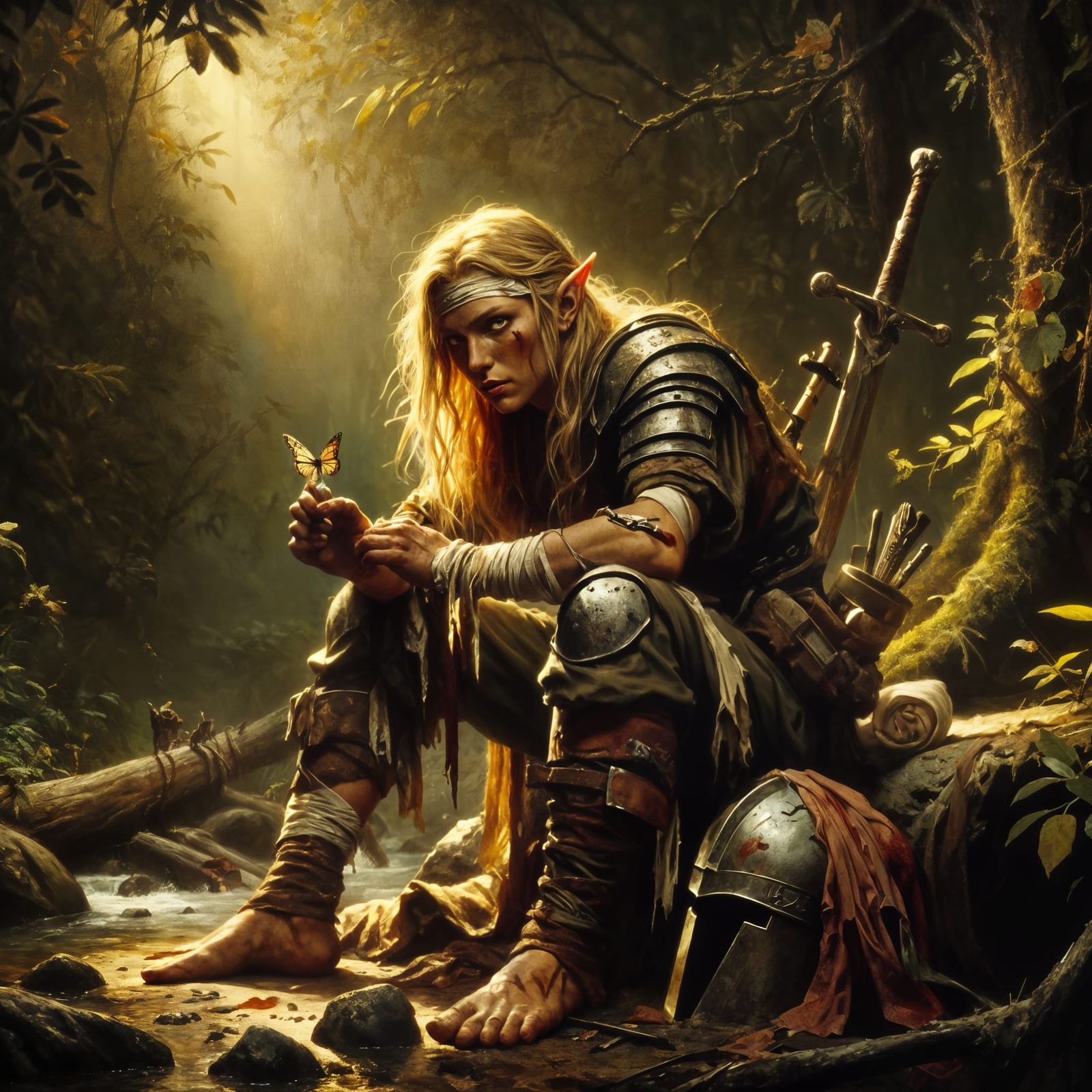 Fatigued Elf Warrior in Tenebrism Oil Painting