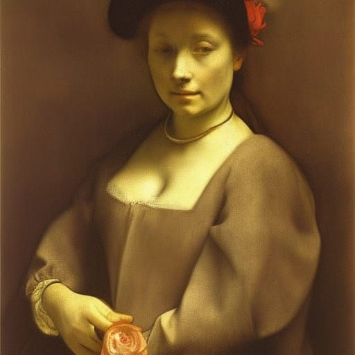 Portrait of Woman with Rose Face in Old Master Style