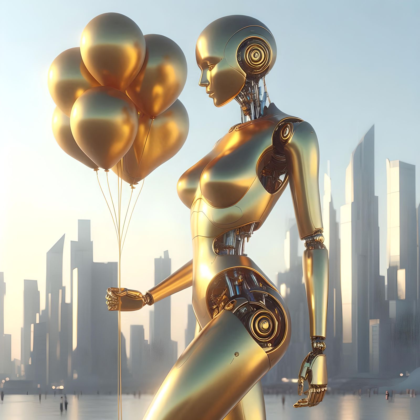 Golden android with balloons