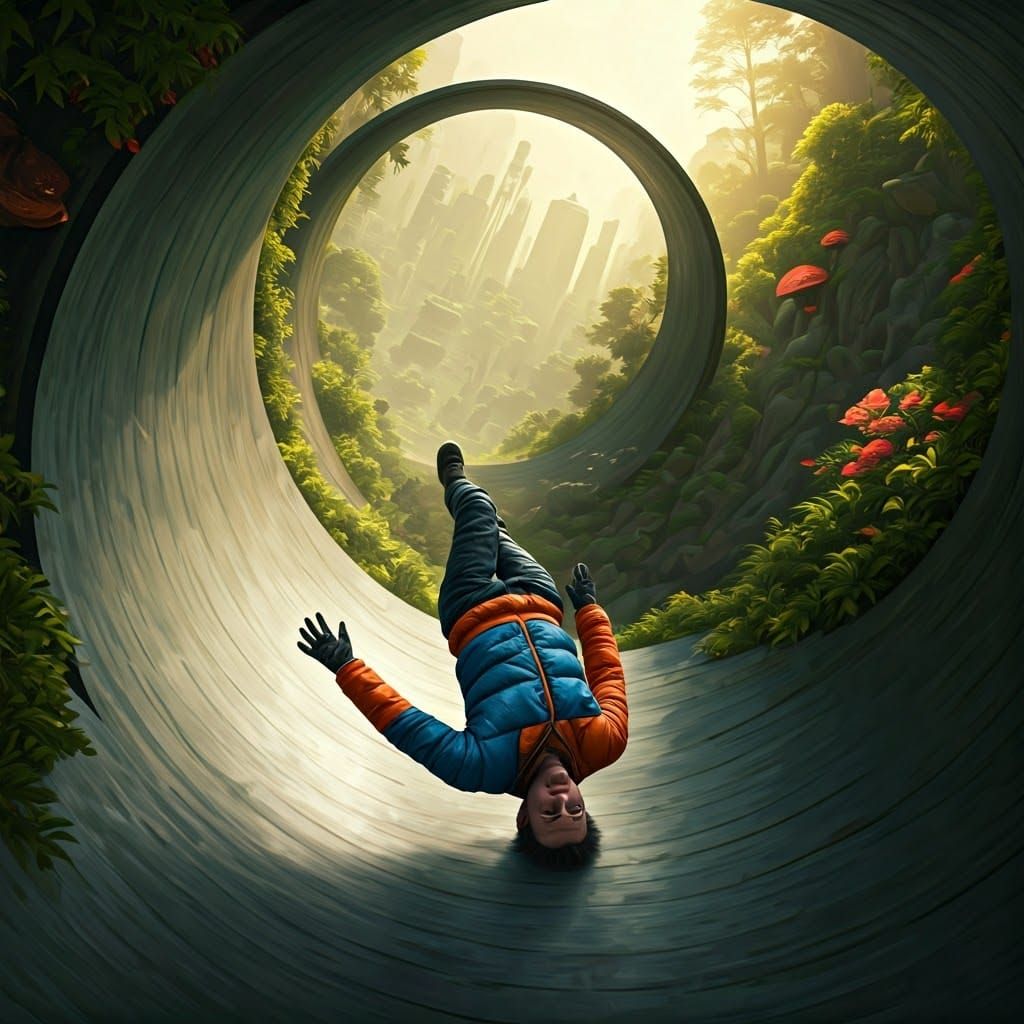 Man Slides Down Serpentine Mountain Slide in Vibrant Fantasy...