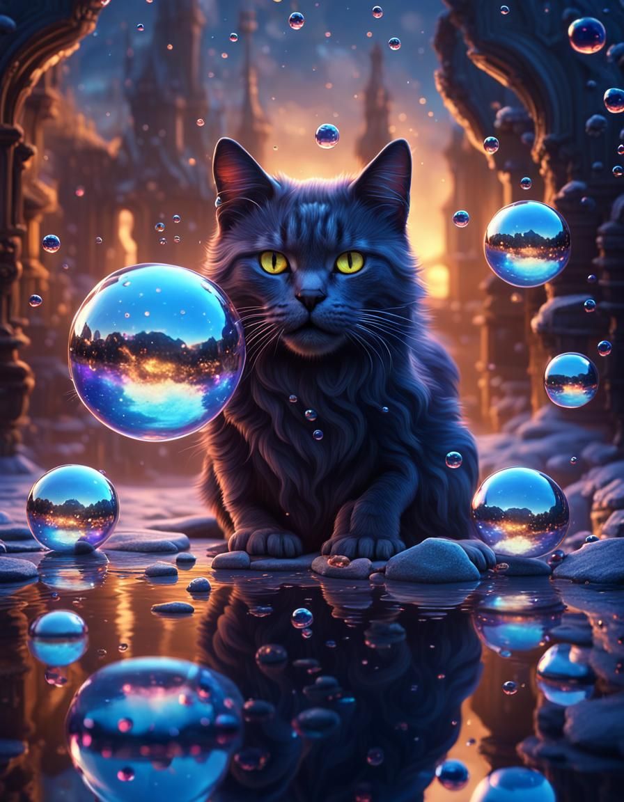 Cat Gazes into Fantasy Mirror Bubble