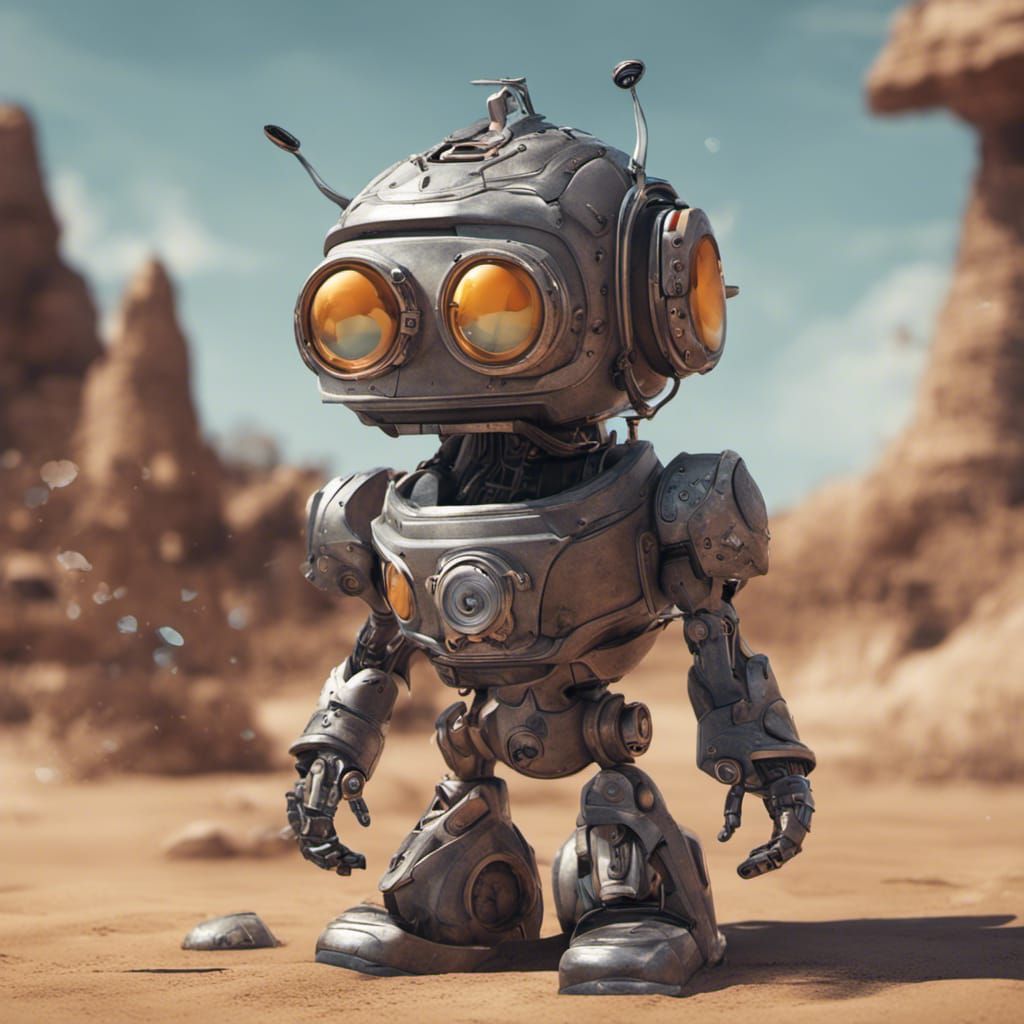 A cute chibified robot, holding a flowerpot, beautiful sunny...