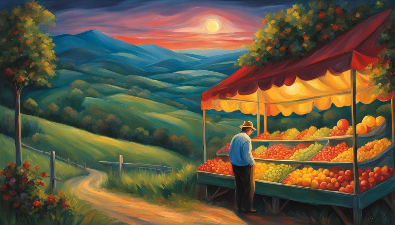 Night Market Fruit Stand Oil Painting