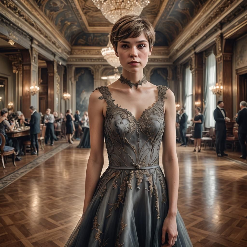 She wears a long flowing dress that looks like pine smoke in...