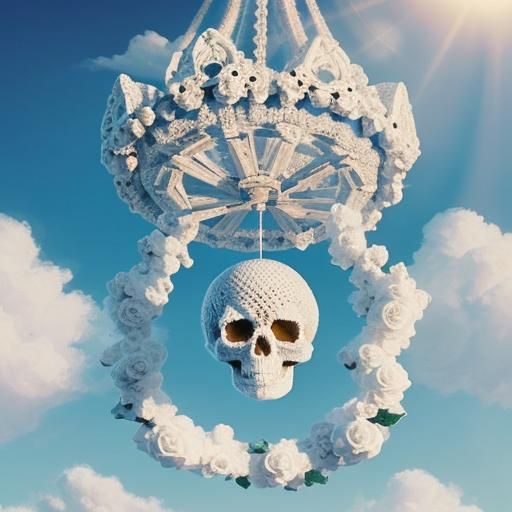 giant crocheted white sugar skull in the sky, white crocheted Cloud art ...