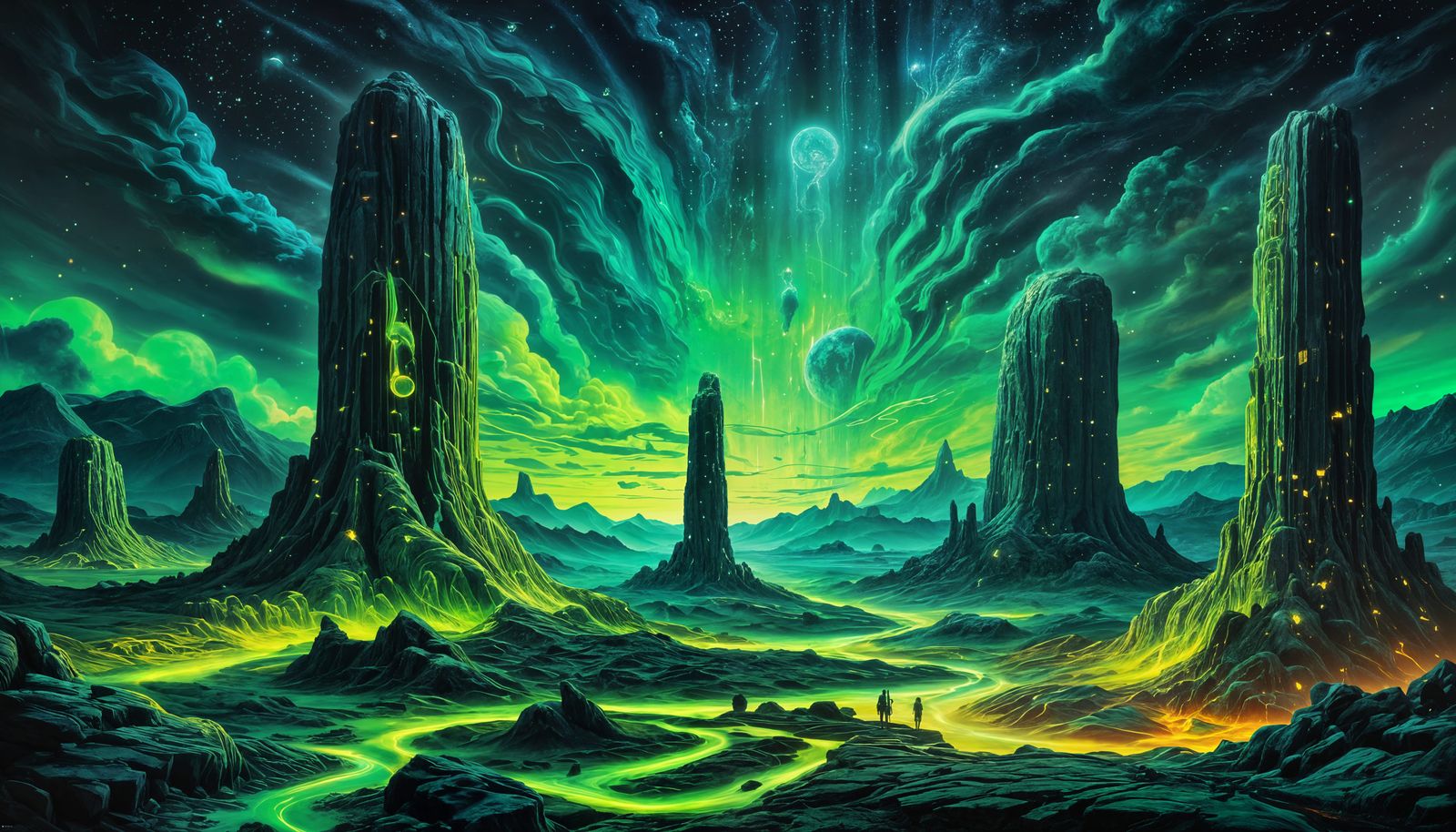 Glowing Monoliths in Neon Green Cosmic Landscape