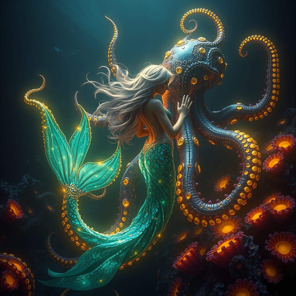 Beautiful magic mermaid with octopus in ocean  by @Ann