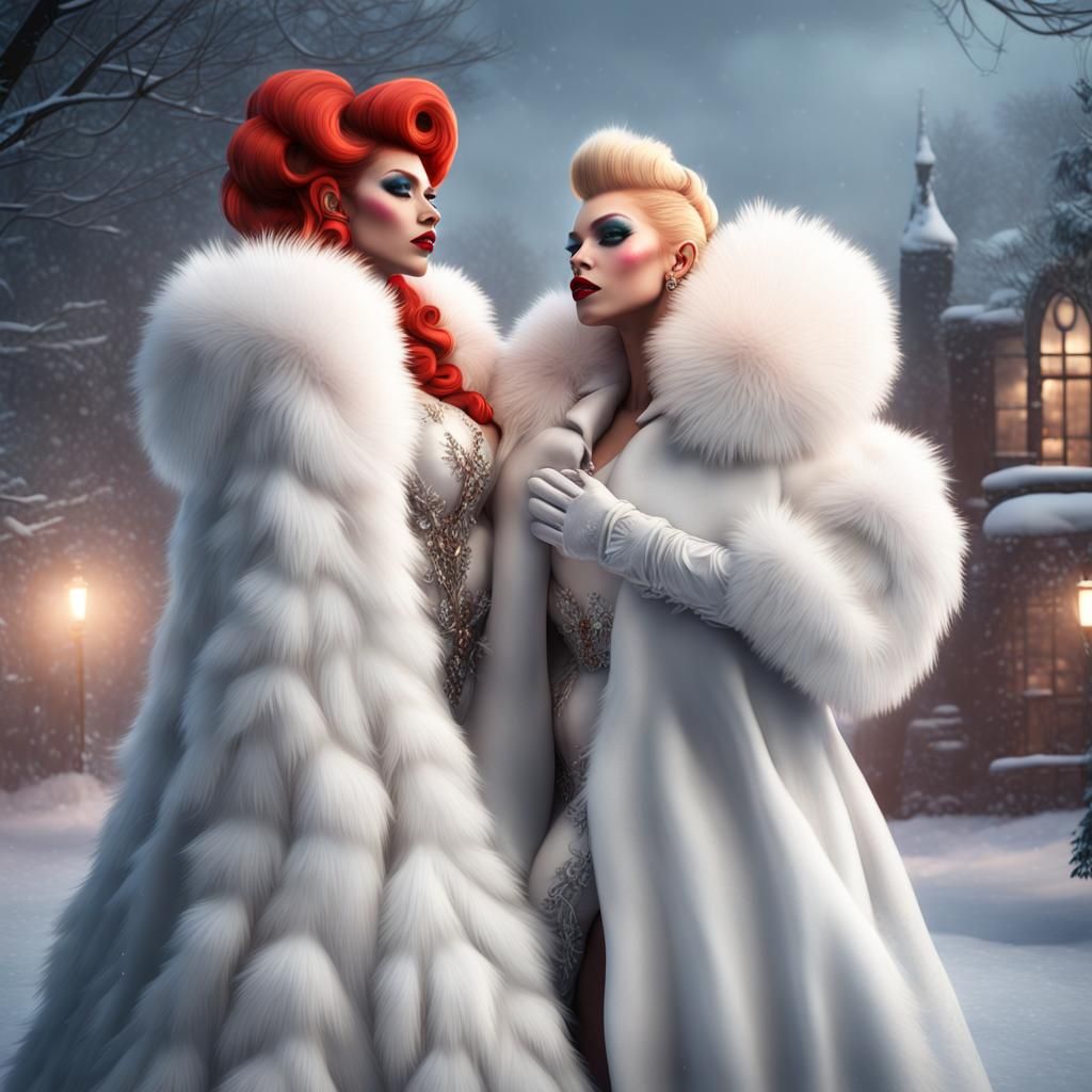 hyper real campy sissy drag queen with a big chest wearing white winter fur  coat, gloves, and hat with a big redhaired bouffant beehive kiss... - AI  Generated Artwork - NightCafe Creator