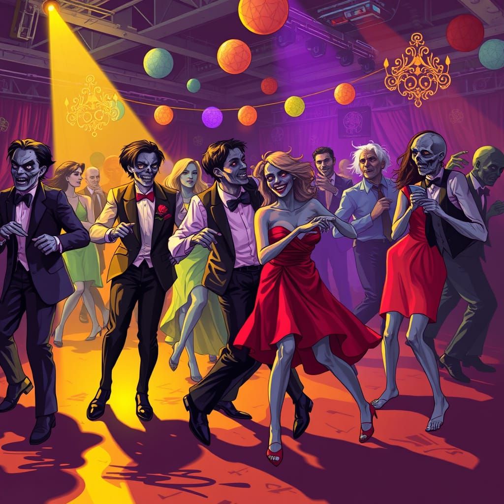 Zombies and others of the undead, dancing at the prom, vibrant