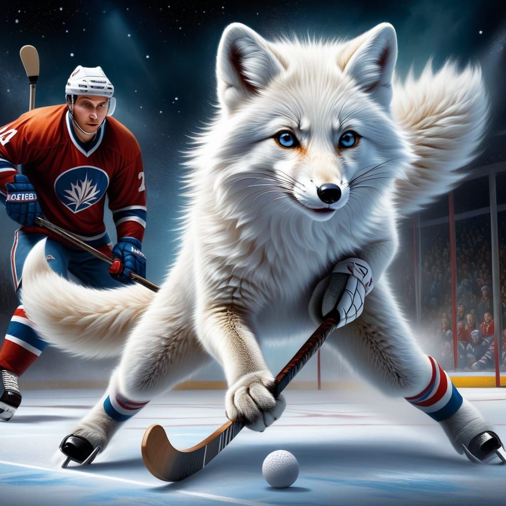 An Arctic white Fox is holding a hockey stick taking a slap ...