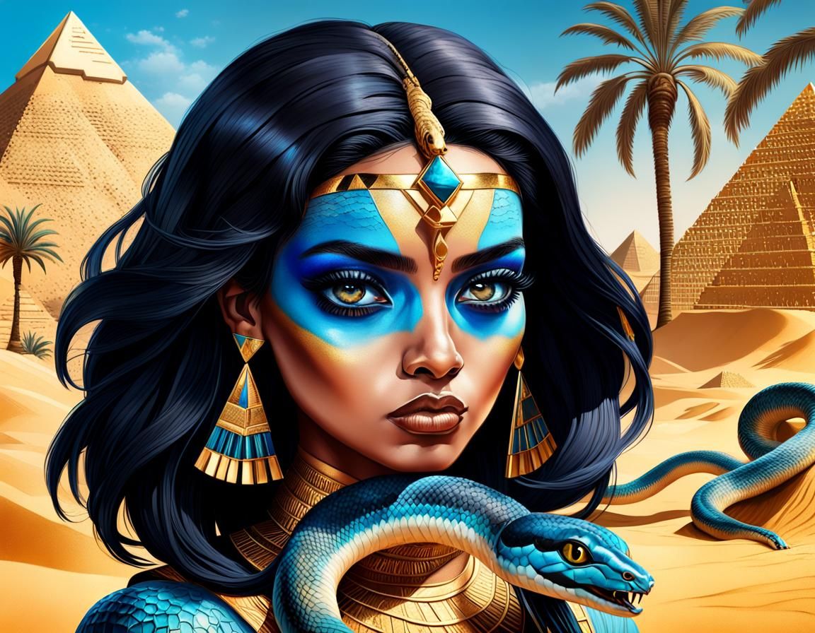 queen of egypt with big black eyes and blue makeup, black ha...