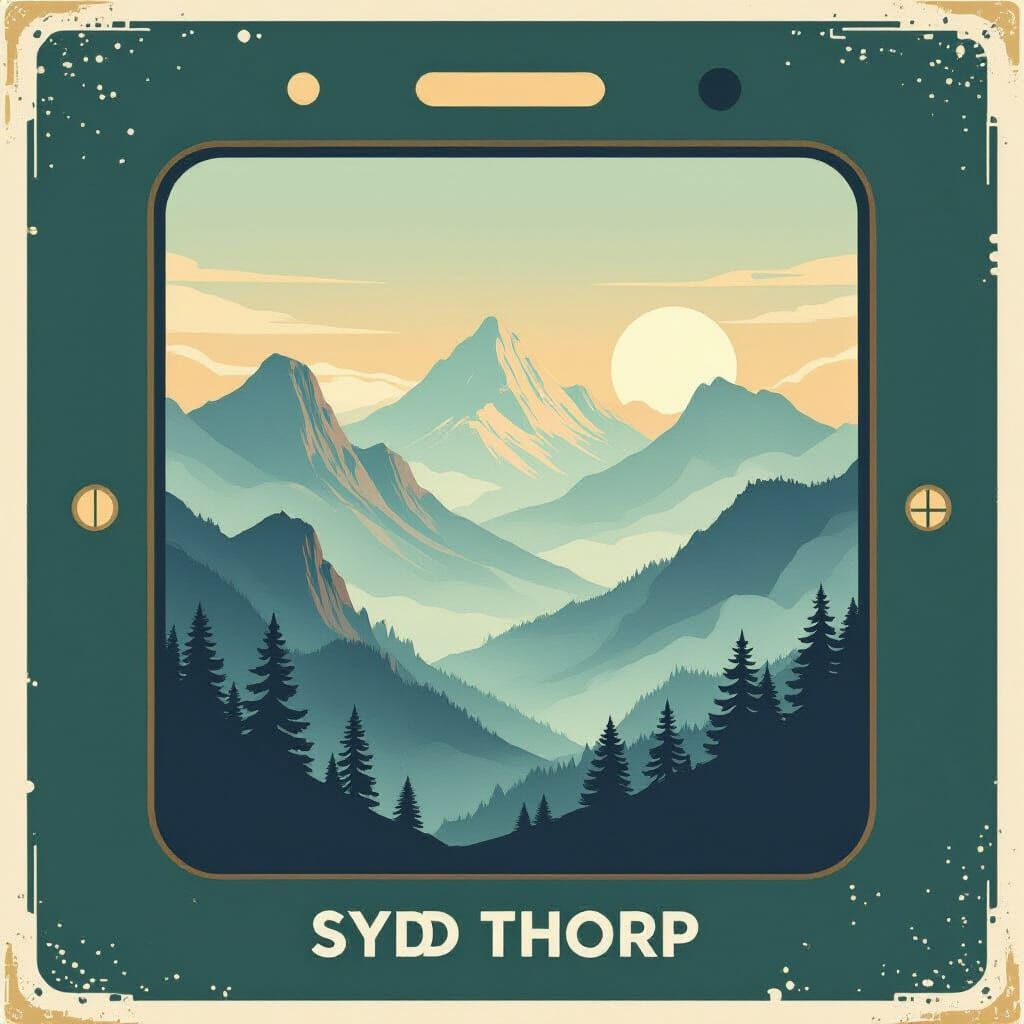 Misty Mountain Landscape Inside Vintage Camera Outline