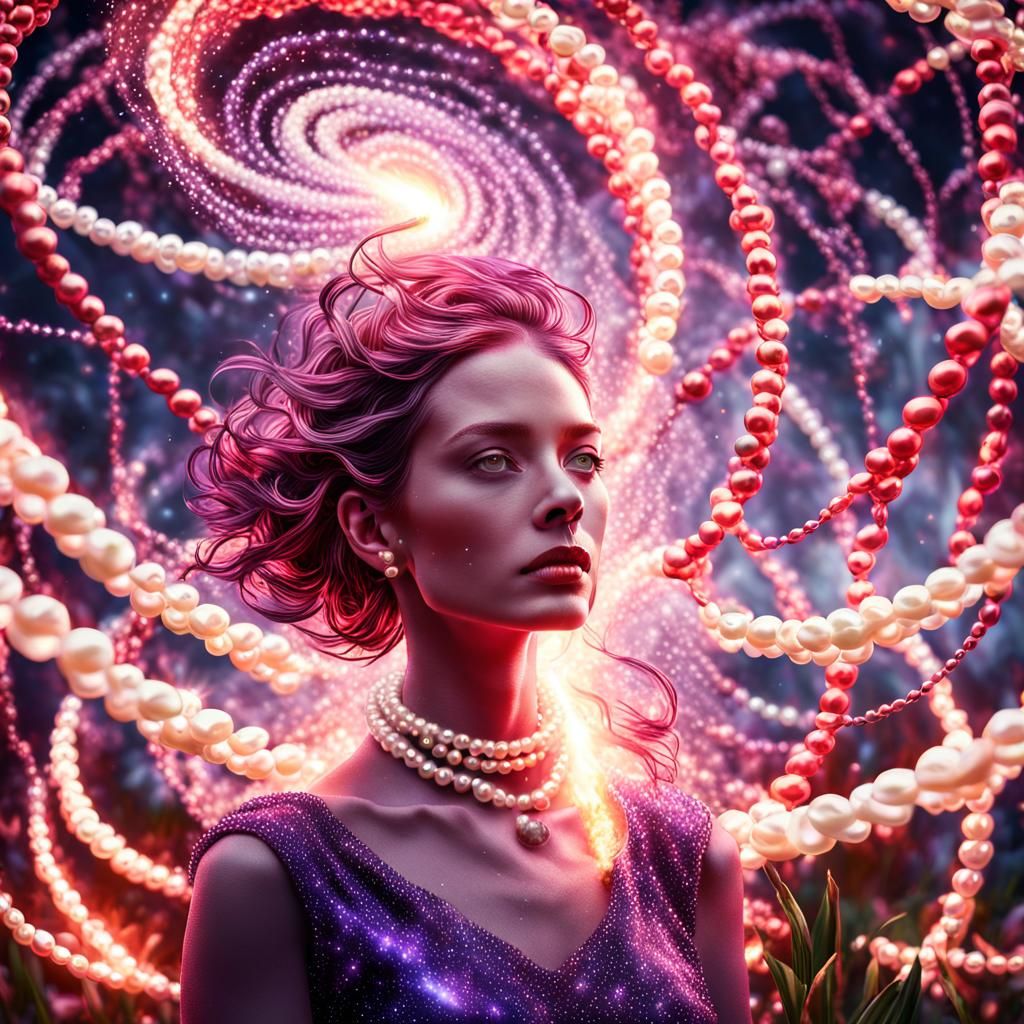 Woman in pearls A galactic vortex with thousands of red, sil...