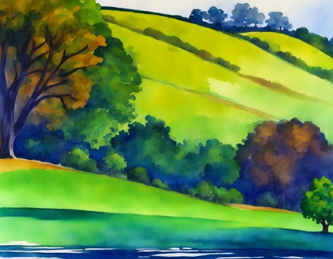 Rural Landscape, water color landscape. spreading green oak ...