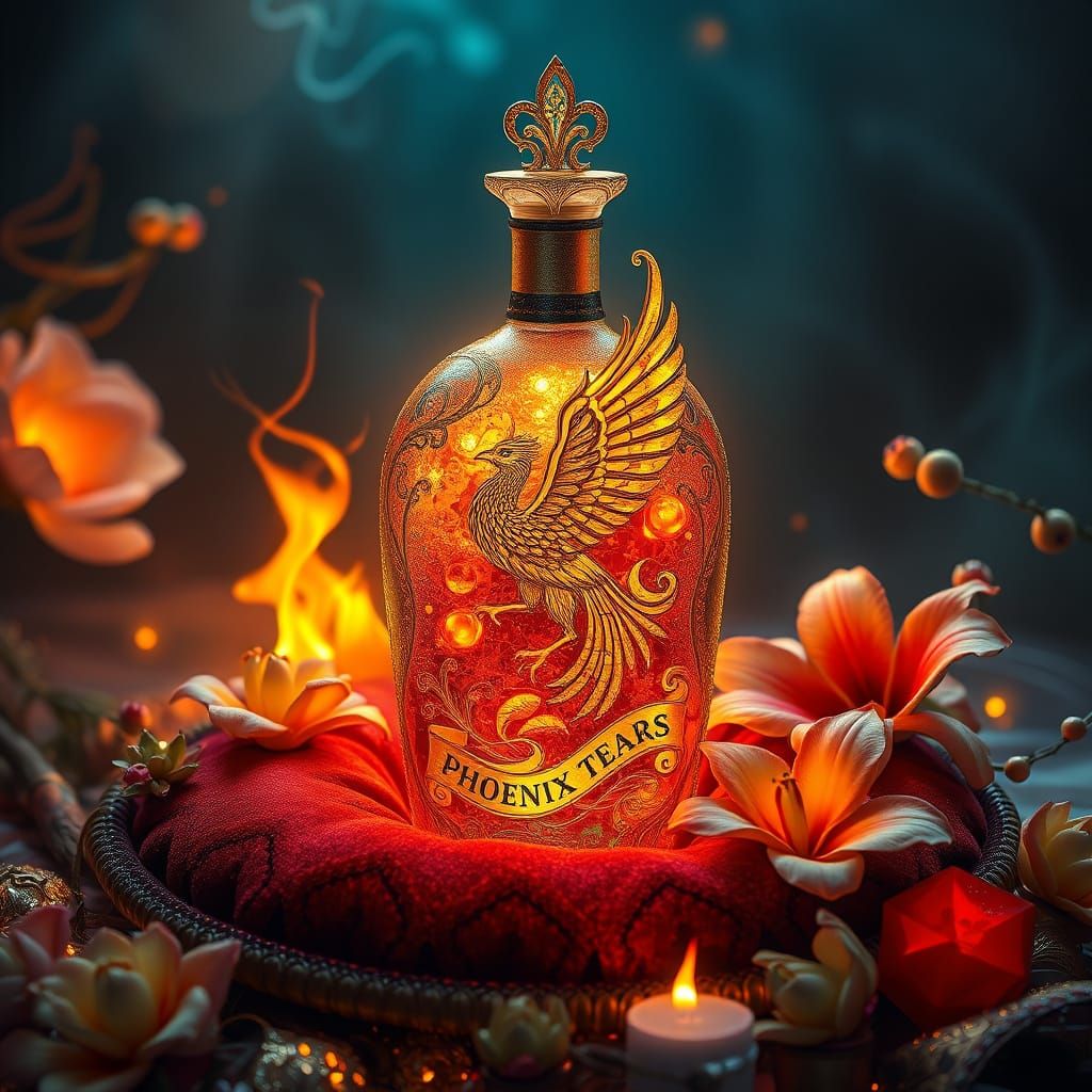 A shimmering bottle of "Phoenix Tears" promising eternal youth.  by @John