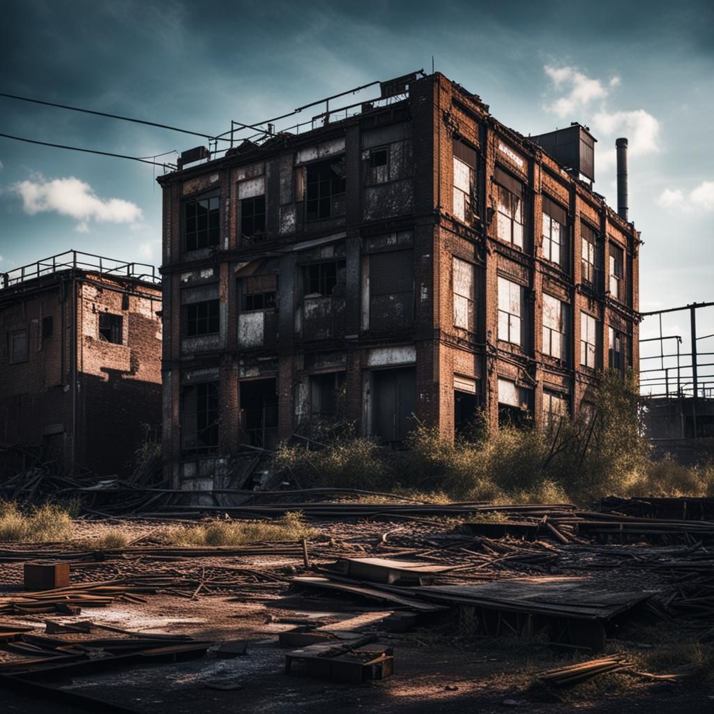 dilapidated industrial buildings. photorealistic, perfect co...