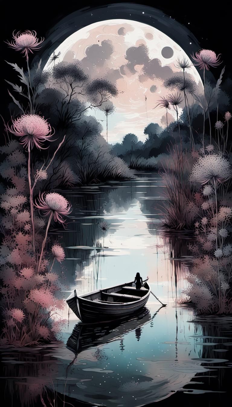 A romantic river scenery at a moonlit night