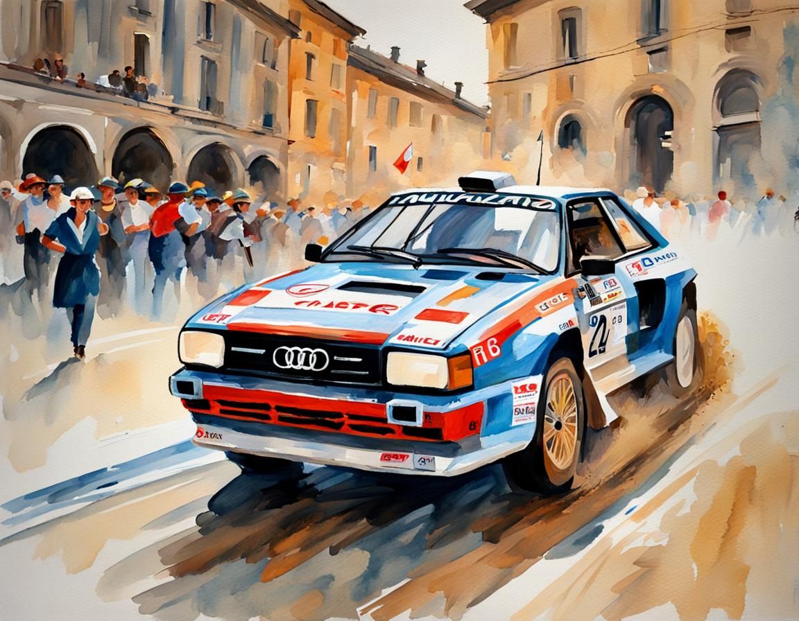 A woman hanging out of the window of her audi quattro while rally racing in Turin Italy in Gouache Style, Watercolor, Museum Epic Impression...