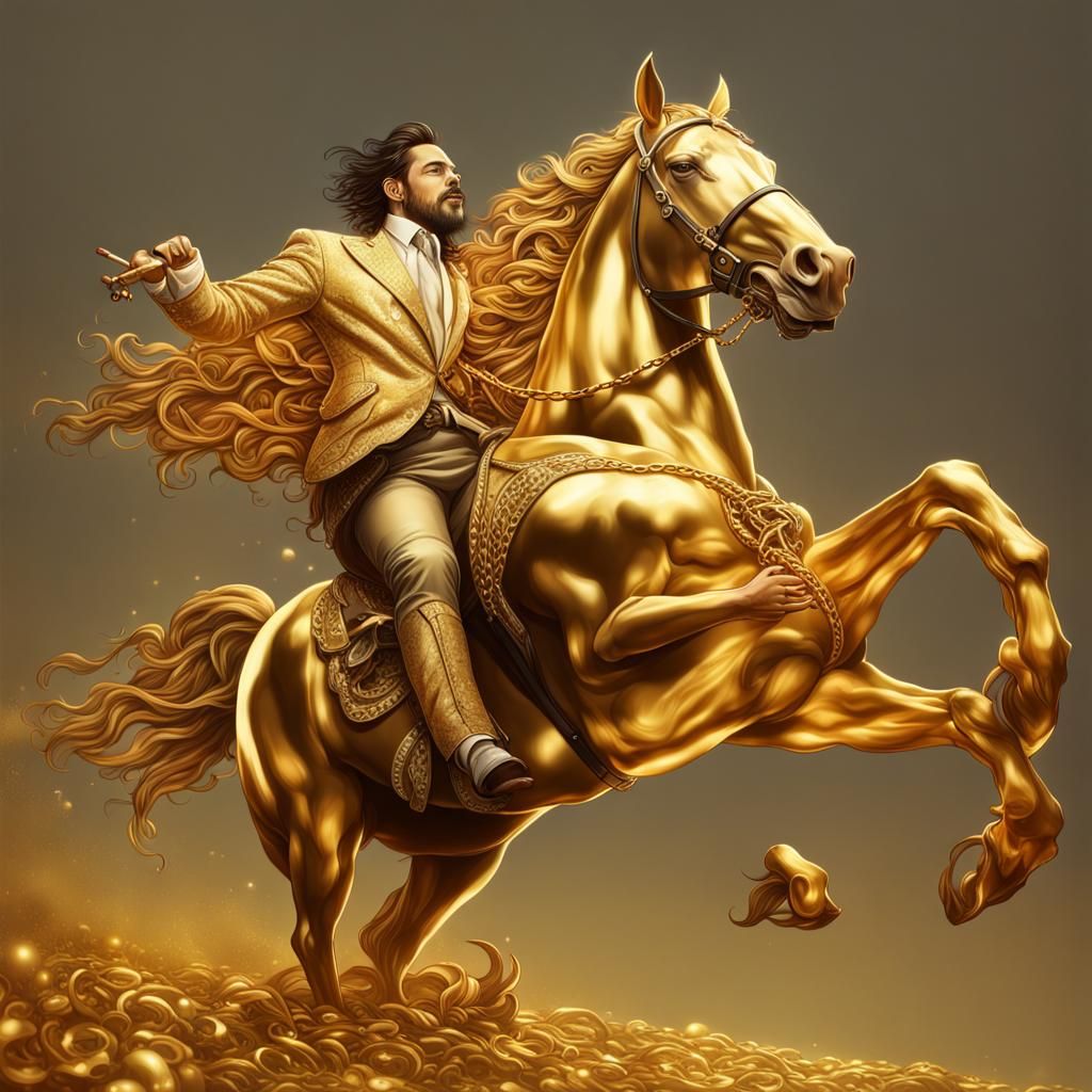 A man golden jacket and a golden rist watch and wearing a golden chain ...