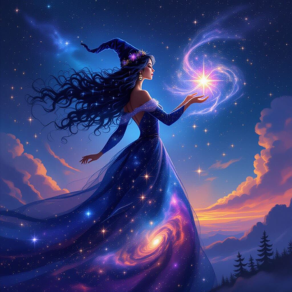 Celestial WitchA witch wearing a gown made of galaxies, her hair flowing like nebulae, casting a spell.  by @Hidden_Phantom