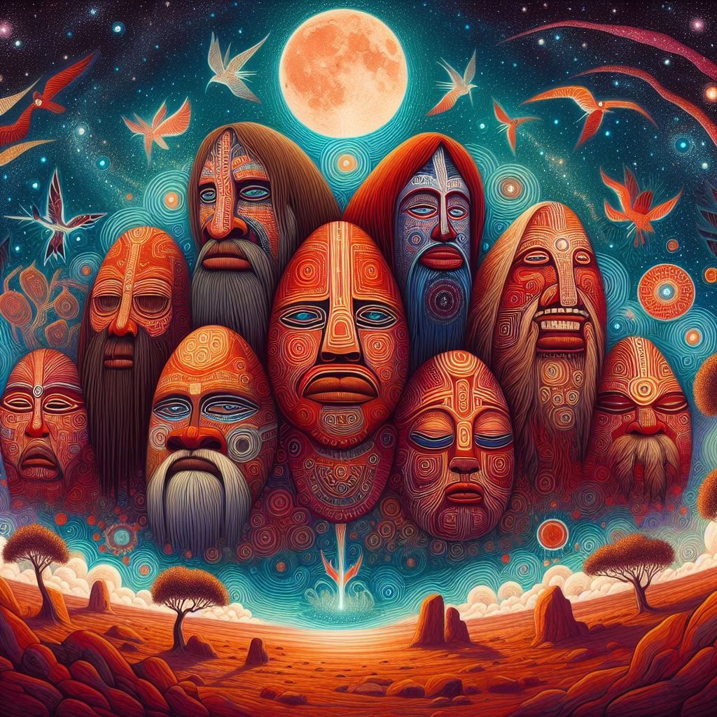 Tribal dreamtime art of Uluru and the 10 Ancestral Spirits.