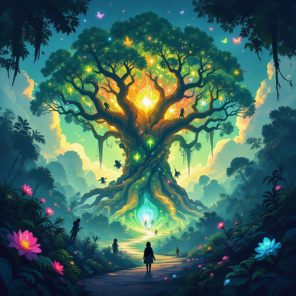 A vibrant, alien jungle teeming with bizarre, glowing flora and fauna, centered around a colossal, ancient tree that pulses with cosmic ener...