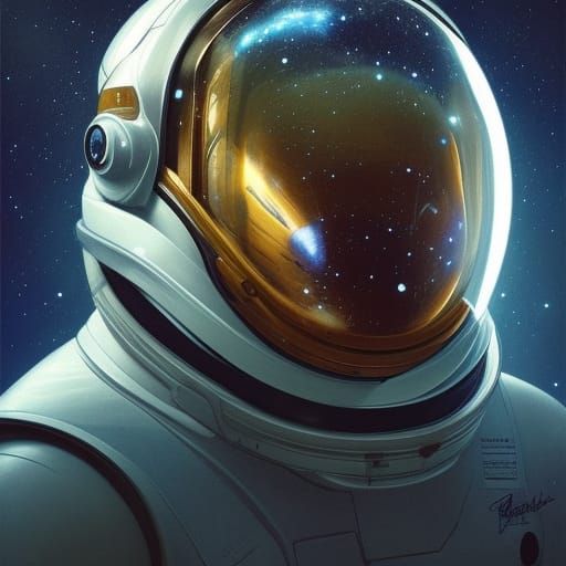 An astronaut, with the galaxy reflected in their helmet