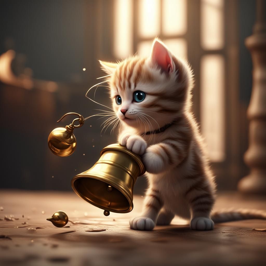 A cute baby kitten playing with a bell