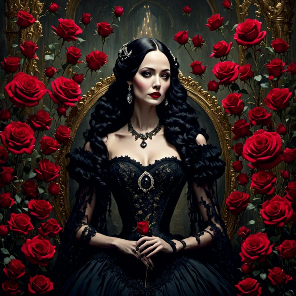 <lora:FairyTails:1.0> <lora:Flowers 2:1.0> Morticia Addams s...