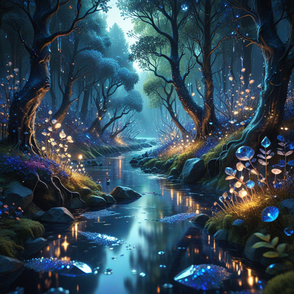 Surreal Crystal River Landscape in Vibrant Fantasy Art Style