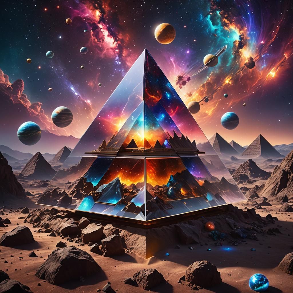 creates a transparent glass pyramid containing planets and galaxies made of translucent colors, the pyramid ...  by @nelvana