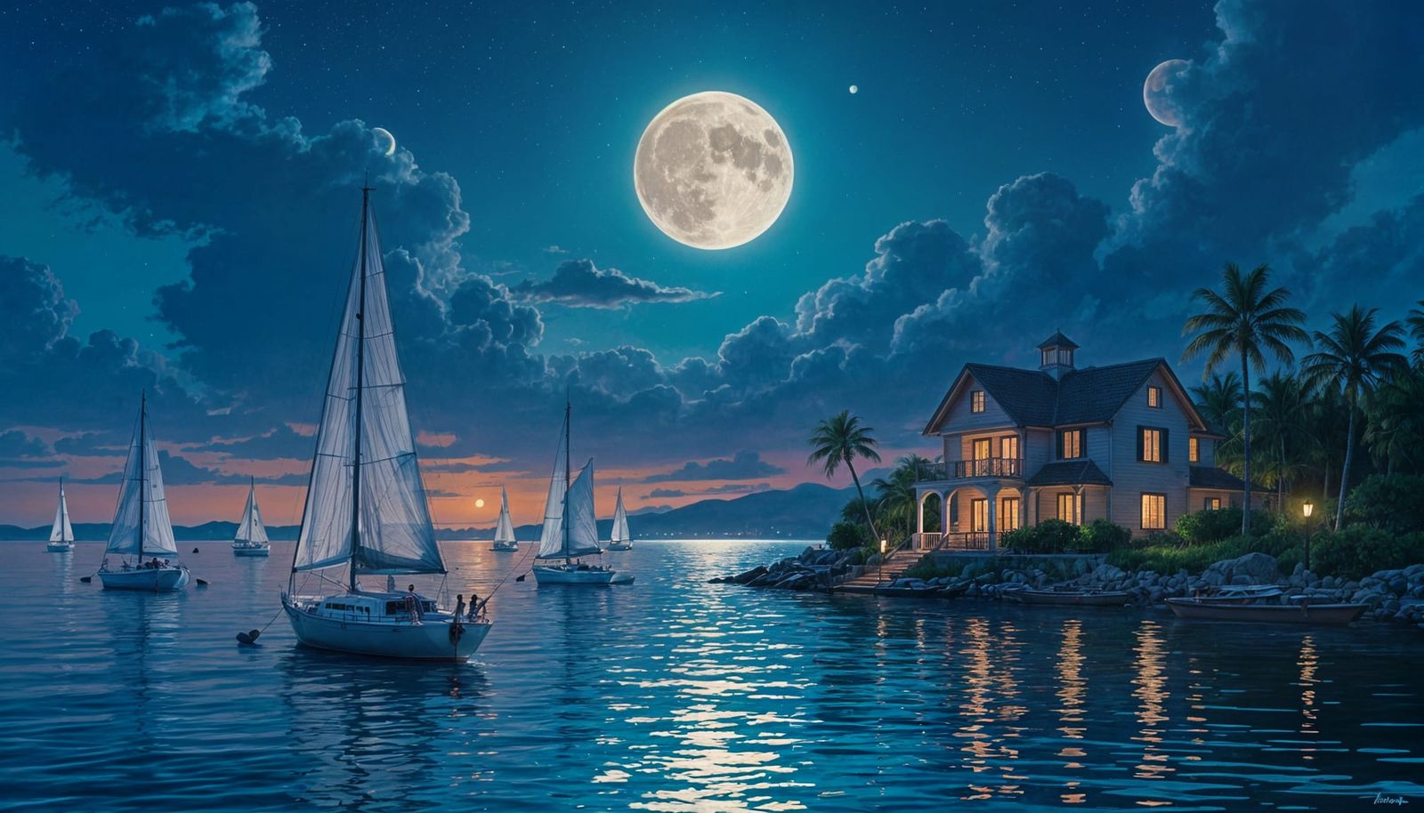 Wet and loose watercolor painting of a vibrant, semi-realistic digital landscape of a nighttime coastal ...  by @Carlos