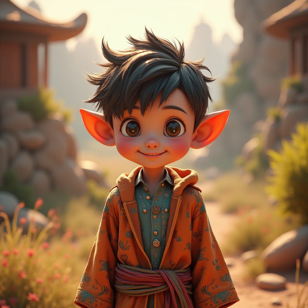 Adorable Boy with Mischievous Grin in Detailed 3D Scene