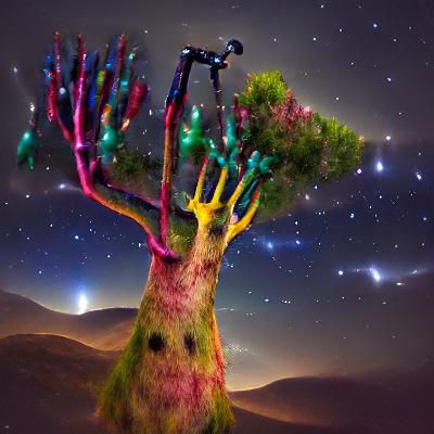 A humanoid tree in a landscape with stars